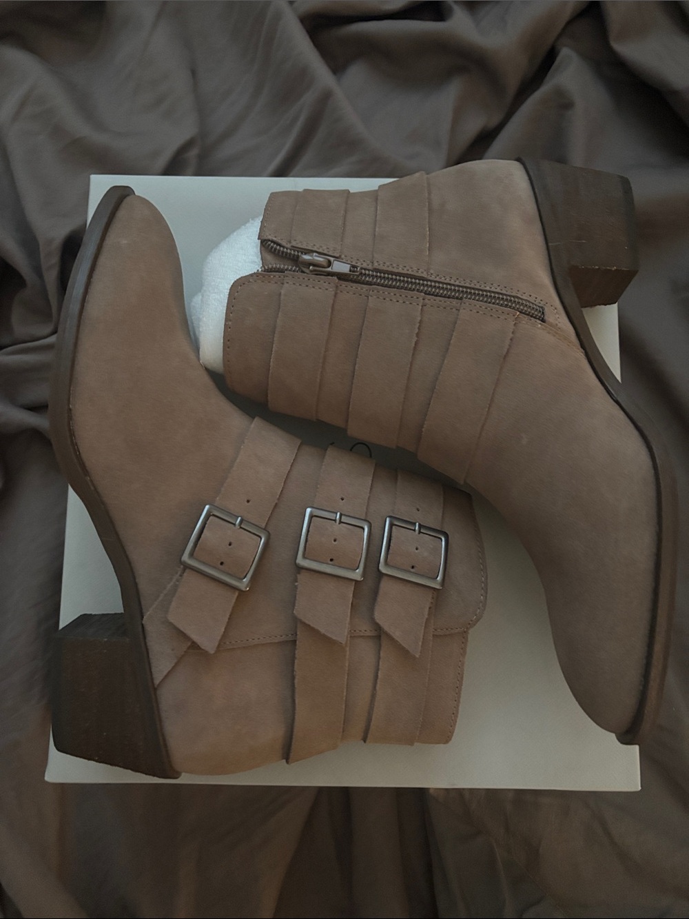 Sole Society Taupe Triple-Buckle Ankle Booties